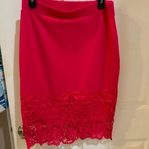 Vibrant, pink scuba, crêpe, skinny pencil skirt with lace detail large